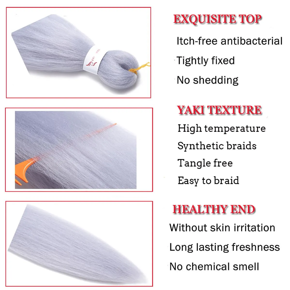 Braiding Hair Pre Stretched 30 Inch Silver Gray Braiding Hair 3 packs Professional Crochet Hair Extensions Yaki Straight High Temperature Synthetic Fiber for Braids（30",A40)