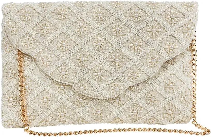 Bridal Purse Ivory Scallop Pearl Clutch Bag, Bridal Clutch, Hand Beaded Bride Purse for Evening Bag, Bachelorette Party, Gifts for Engagement, Bridal Shower, Wedding Party