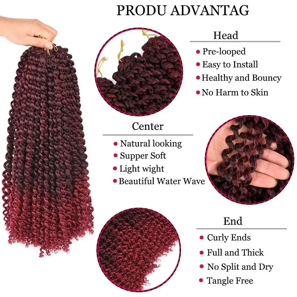 Burgundy Water Wave Crochet Hair 14inch 6 Pack Passion Twist Crochet Hair Synthetic Fiber Braidig Hair(14", T1B/BUG#)