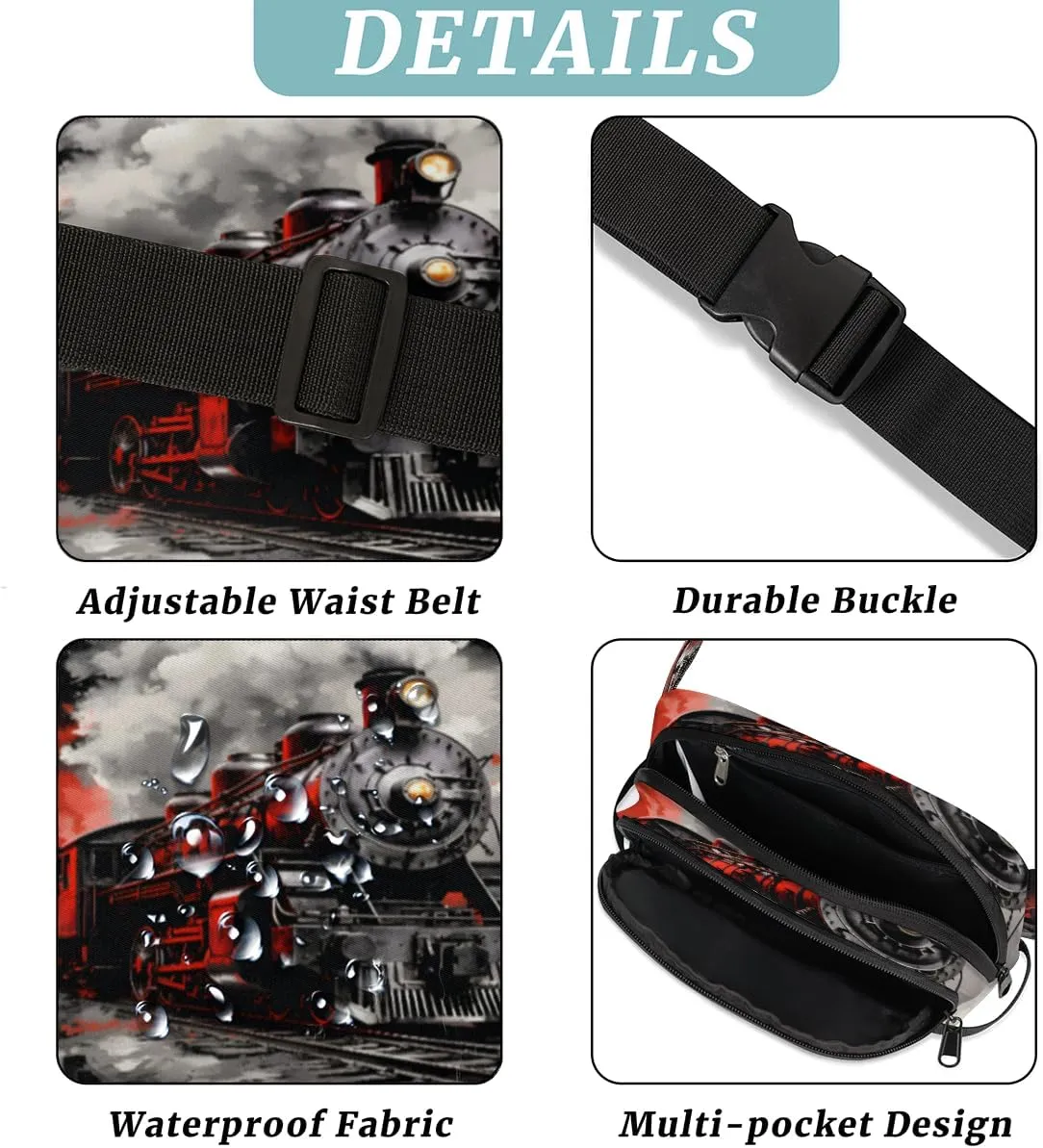 Burning Steam Locomotive Train Fanny Pack for Men Women Crossbody Waist Bag Sport Belt Bag with Multi Pockets for Travel Hiking Jogging Running