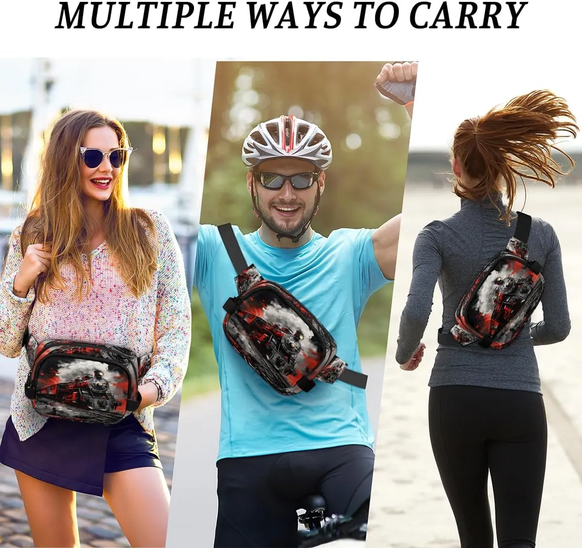Burning Steam Locomotive Train Fanny Pack for Men Women Crossbody Waist Bag Sport Belt Bag with Multi Pockets for Travel Hiking Jogging Running