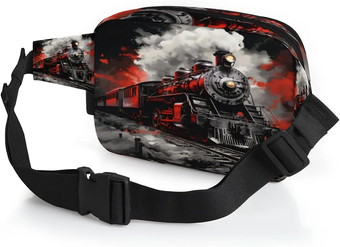 Burning Steam Locomotive Train Fanny Pack for Men Women Crossbody Waist Bag Sport Belt Bag with Multi Pockets for Travel Hiking Jogging Running