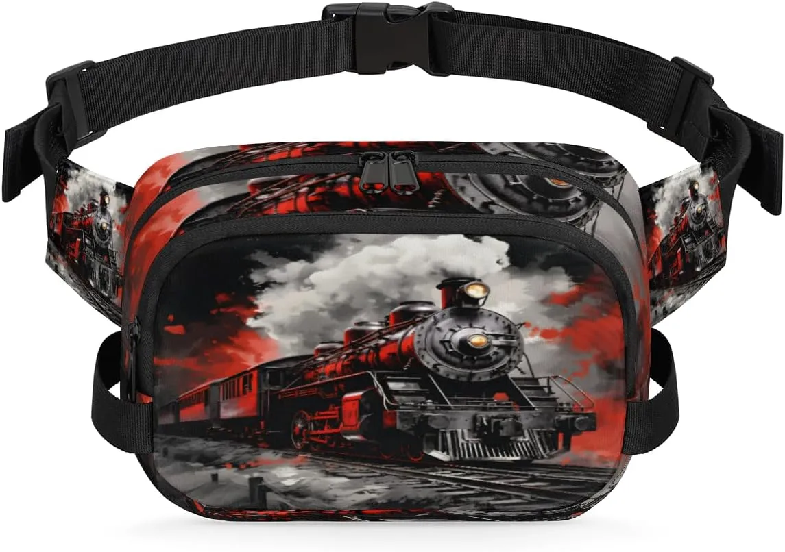 Burning Steam Locomotive Train Fanny Pack for Men Women Crossbody Waist Bag Sport Belt Bag with Multi Pockets for Travel Hiking Jogging Running
