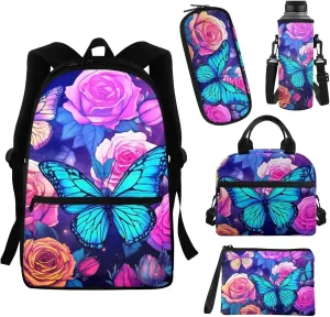 Butterfly Flower Backpack and Lunch Box Set for Teen Girls Kids School Bag Set Elementary High School Bookbag With Pencil Case Water Bottle Carrier Coin Purse 17inch Back Packs Schoolbag
