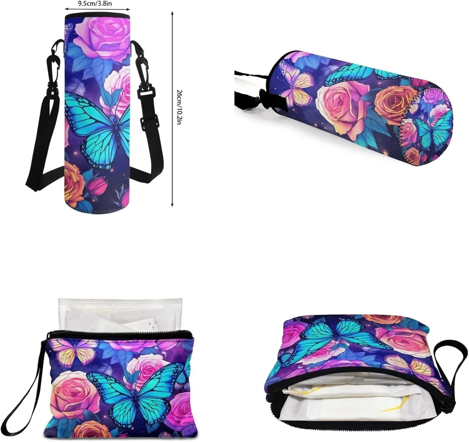 Butterfly Flower Backpack and Lunch Box Set for Teen Girls Kids School Bag Set Elementary High School Bookbag With Pencil Case Water Bottle Carrier Coin Purse 17inch Back Packs Schoolbag