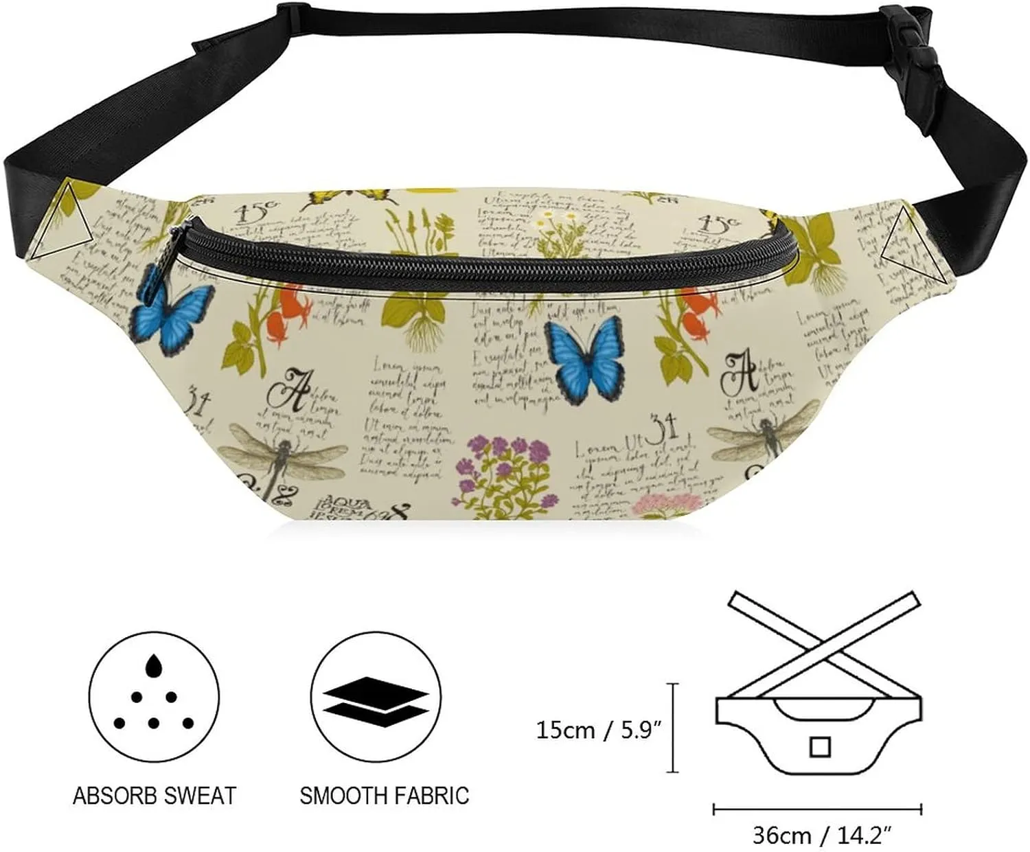 Butterfly Old Paper Fanny Pack for Women Men Small Running Belt Waist Pouch Bag with Zipper Adjustable Strap Casual Waist Pack Hands-Free Phone Holder with Headphone for Travel Jogging Hiking Walking