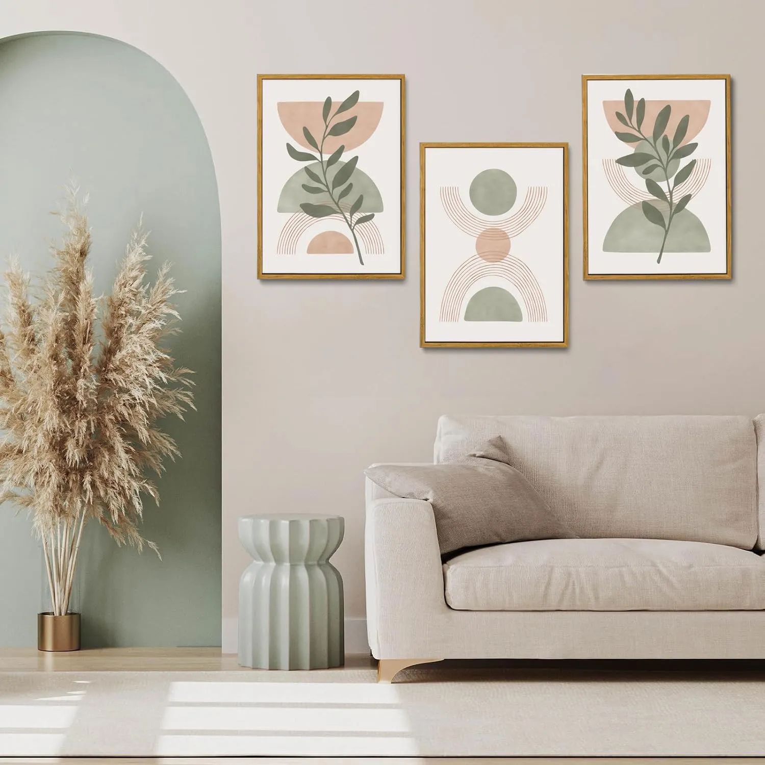 Bwodke Boho Wall Art, Framed Abstract Wall Art, Green Botanical Neutral Canvas Wall Decor, Large Mid Century Plant Pictures Set of 3, Modern Minimalist Paintings, for Bedroom Living Room Bathroom