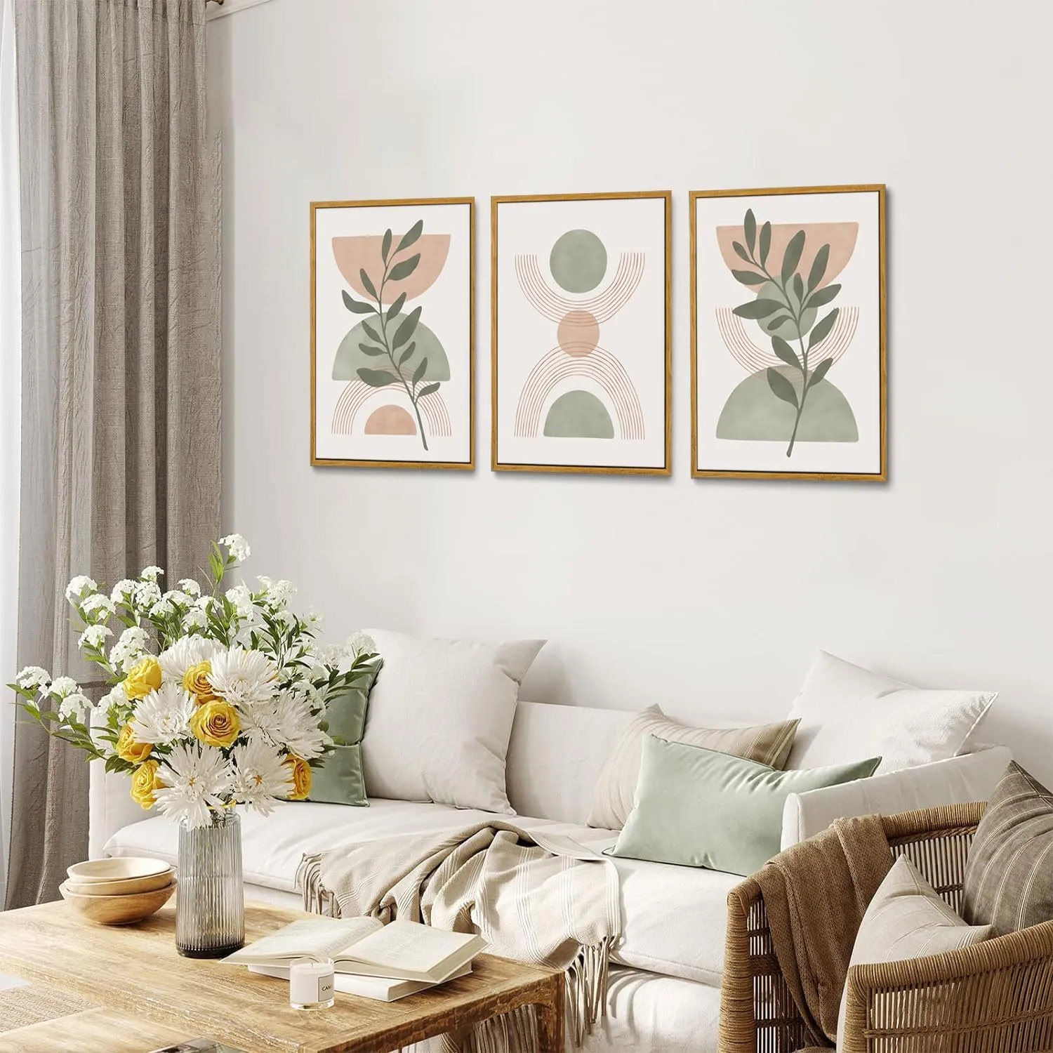 Bwodke Boho Wall Art, Framed Abstract Wall Art, Green Botanical Neutral Canvas Wall Decor, Large Mid Century Plant Pictures Set of 3, Modern Minimalist Paintings, for Bedroom Living Room Bathroom