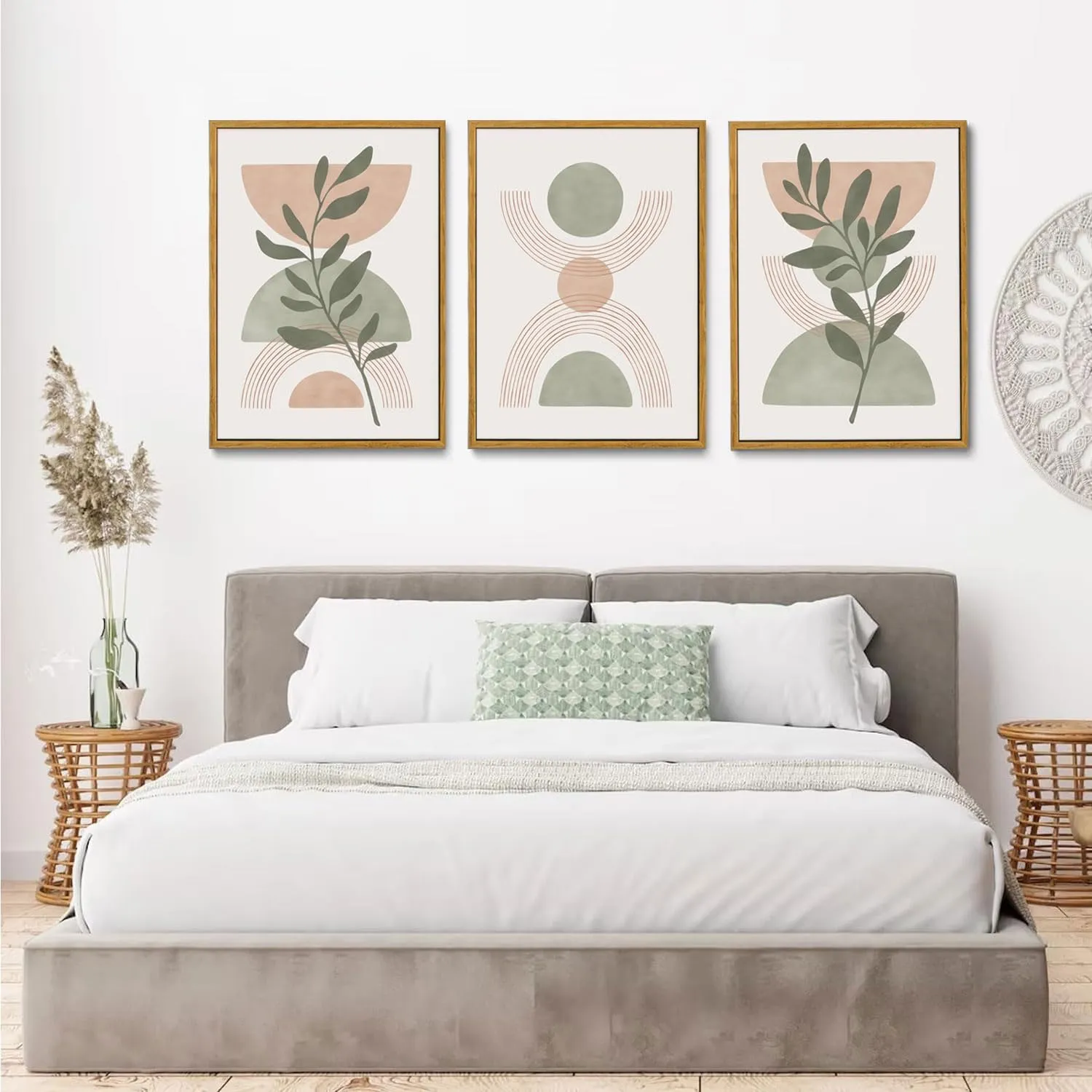 Bwodke Boho Wall Art, Framed Abstract Wall Art, Green Botanical Neutral Canvas Wall Decor, Large Mid Century Plant Pictures Set of 3, Modern Minimalist Paintings, for Bedroom Living Room Bathroom