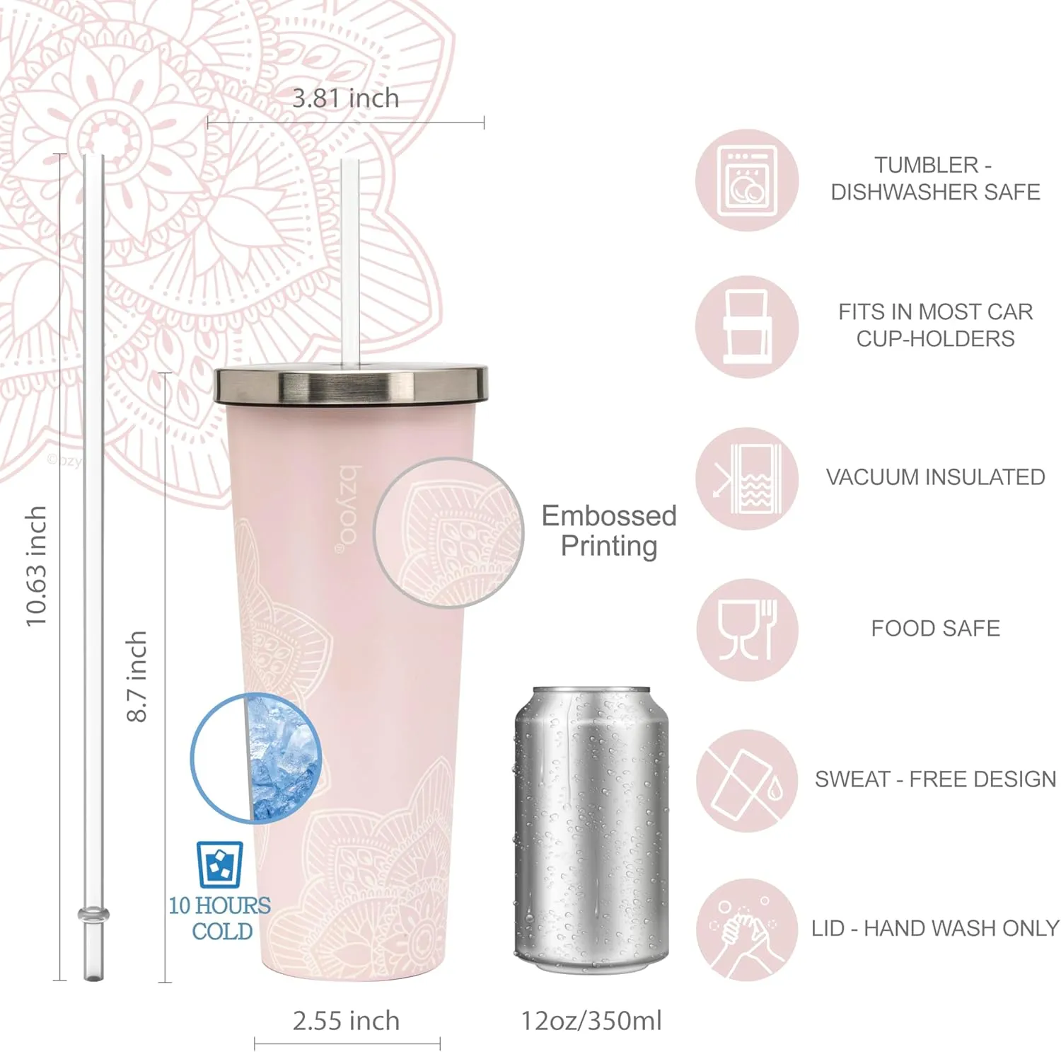 bzyoo SUP Double Wall Vacuum Insulated Tumbler with Straw and Lid Stainless Steel Water Bottle Cold Drink Travel Mug Cup, Valentines Gifts For Him & Her (710ml) Color: Mandala Pink