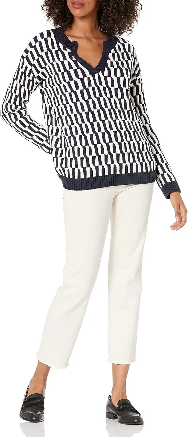 Cable Stitch Women's Geometric Jacquard Pattern Sweater - V-Neck Long Sleeve Novelty Pullover Top