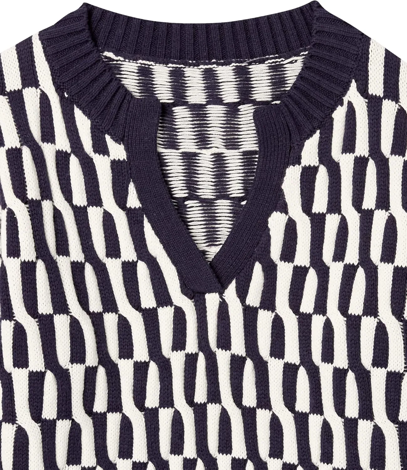 Cable Stitch Women's Geometric Jacquard Pattern Sweater - V-Neck Long Sleeve Novelty Pullover Top