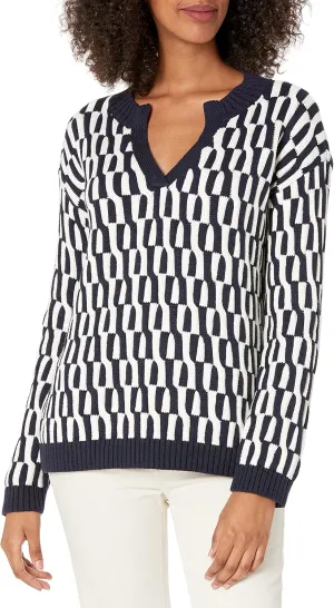 Cable Stitch Women's Geometric Jacquard Pattern Sweater - V-Neck Long Sleeve Novelty Pullover Top