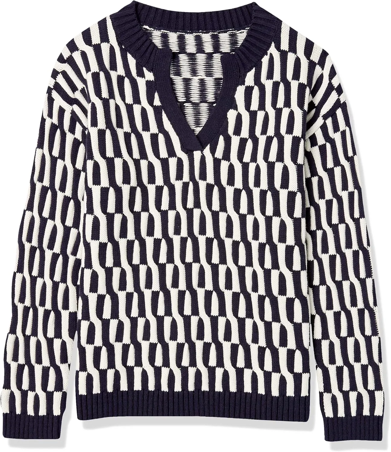 Cable Stitch Women's Geometric Jacquard Pattern Sweater - V-Neck Long Sleeve Novelty Pullover Top