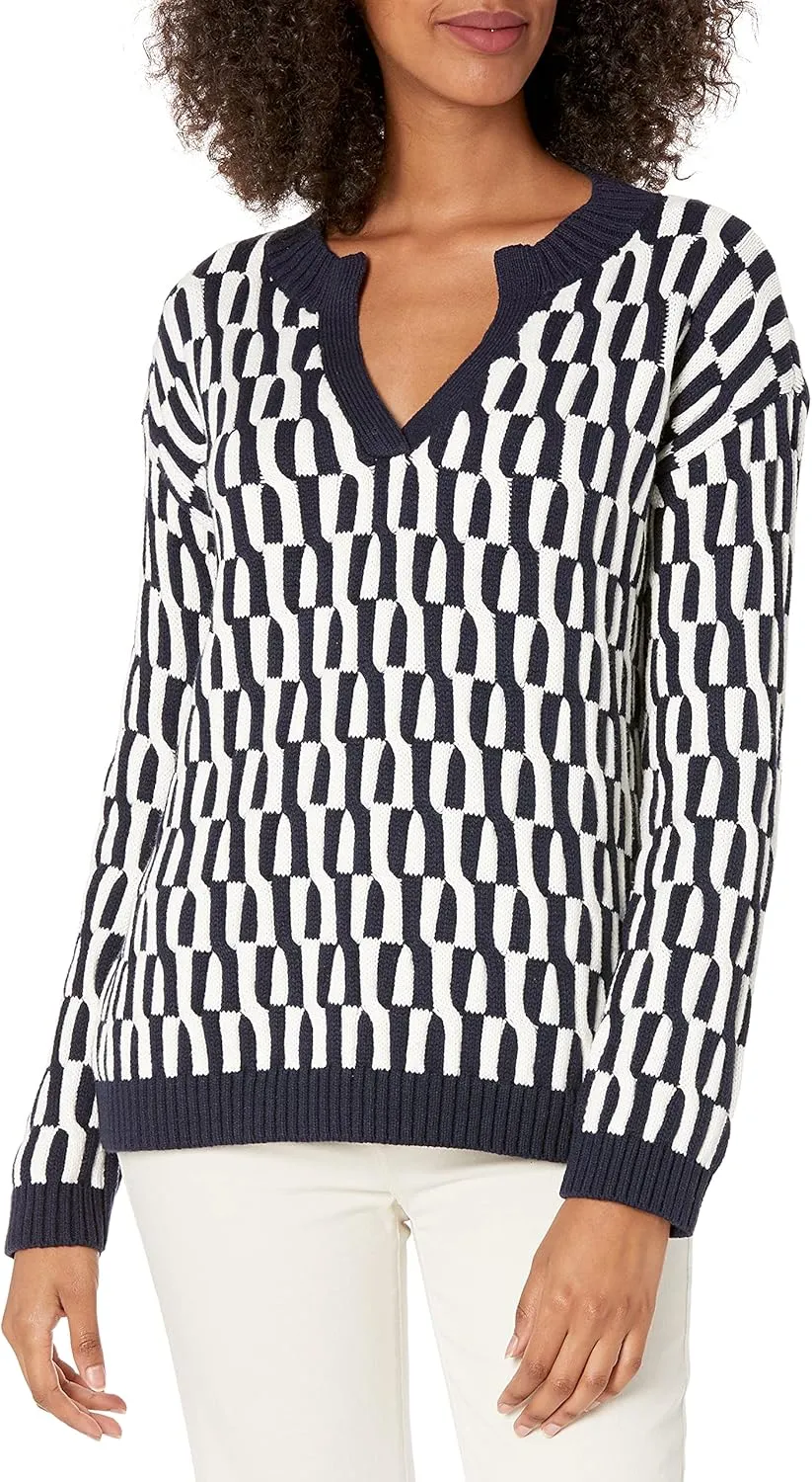 Cable Stitch Women's Geometric Jacquard Pattern Sweater - V-Neck Long Sleeve Novelty Pullover Top