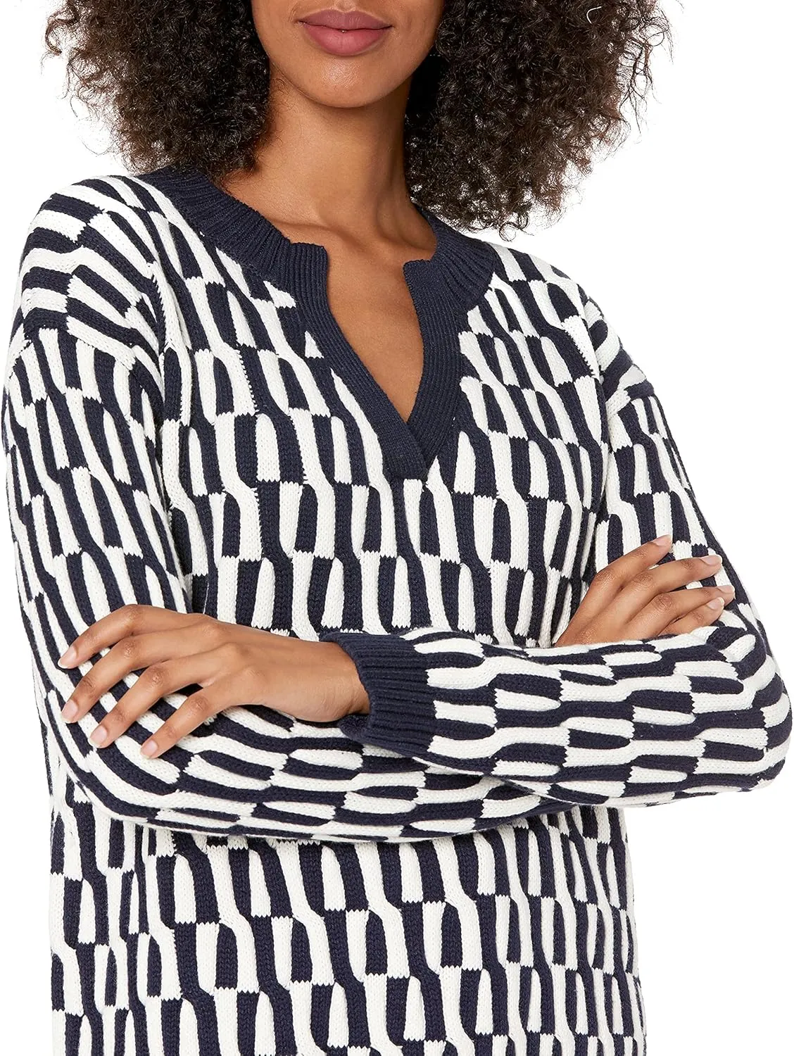 Cable Stitch Women's Geometric Jacquard Pattern Sweater - V-Neck Long Sleeve Novelty Pullover Top