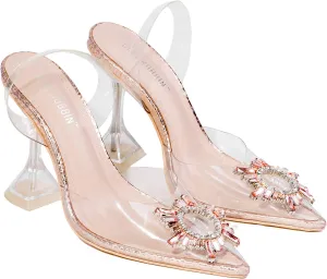 Cape Robbin Glassy Pop Pointed Toe Black Clear Rhinestone Sling Back Dress Pumps