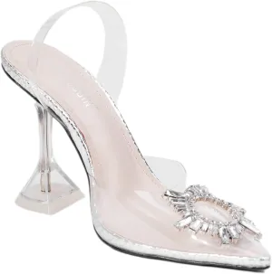 Cape Robbin Glassy Pop Pointed Toe Black Clear Rhinestone Sling Back Dress Pumps
