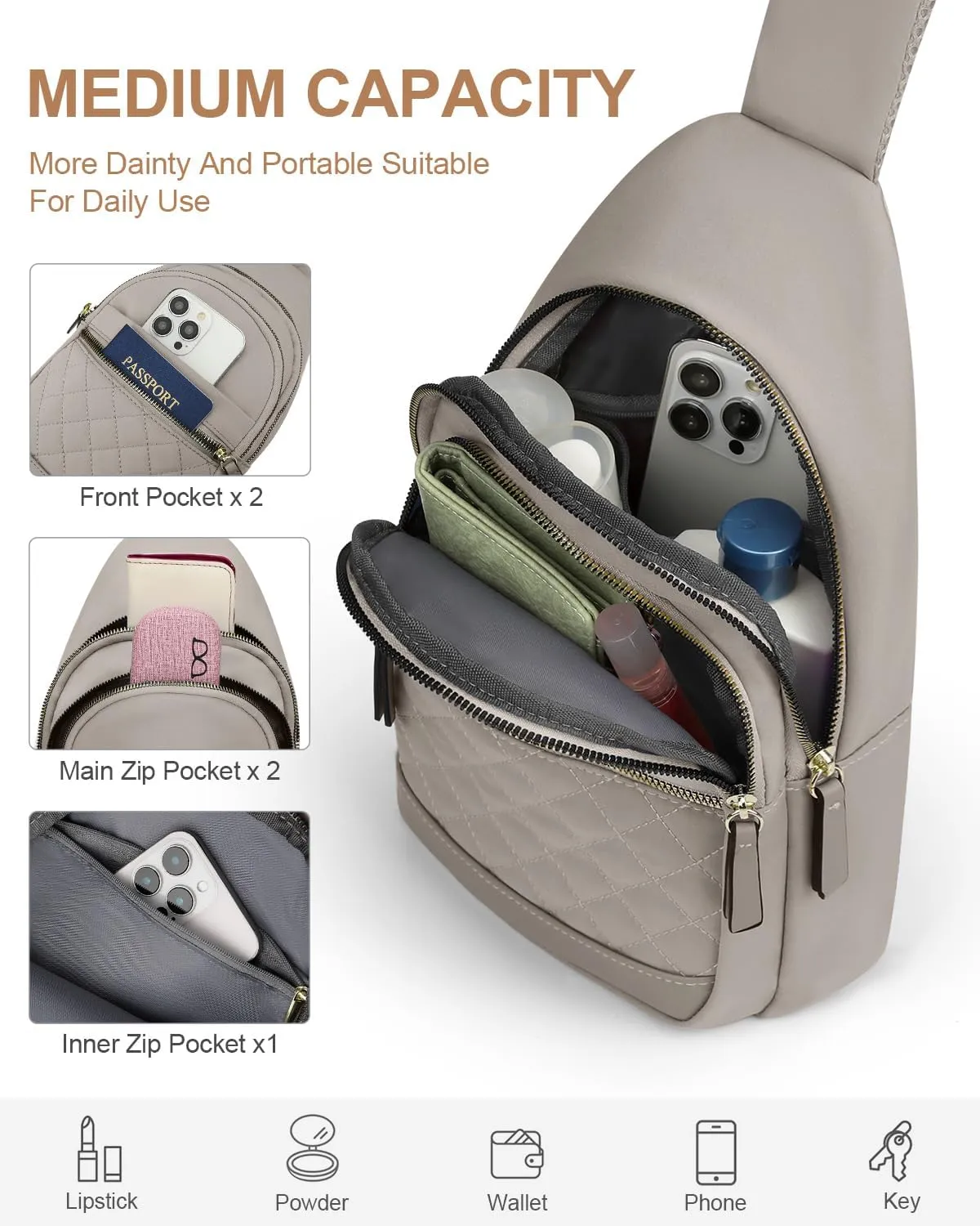 Capolo Sling Bag for Women Men Waterproof Crossbody Bags for Women Trendy Casual Fanny Pack with Convertible Shoulder Strap Chest Bag for Travel Hiking(Grey, Medium)