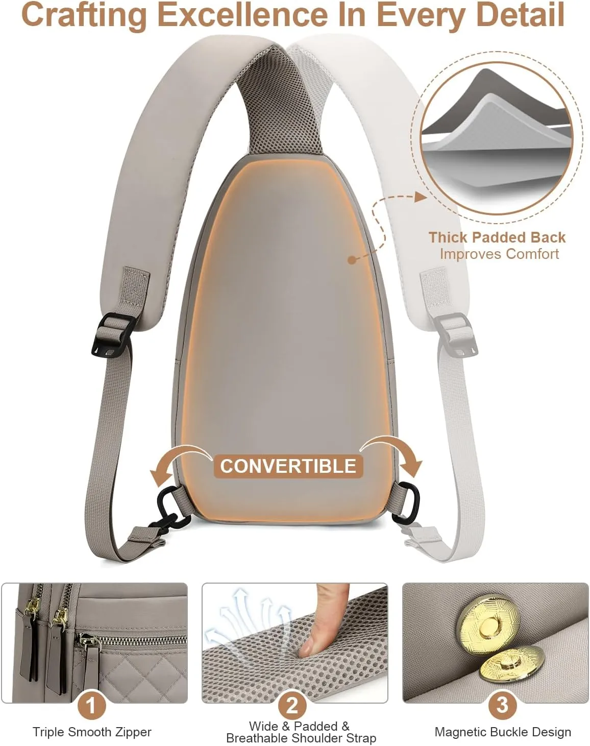 Capolo Sling Bag for Women Men Waterproof Crossbody Bags for Women Trendy Casual Fanny Pack with Convertible Shoulder Strap Chest Bag for Travel Hiking(Grey, Medium)