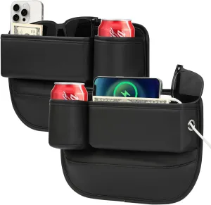 Car Seat Gap Filler Organizer 2 Pack Car Leather Cup Holder Gap Bag for Phone Drink Sunglasses Keys Cards(Black Driver's   Passenger)