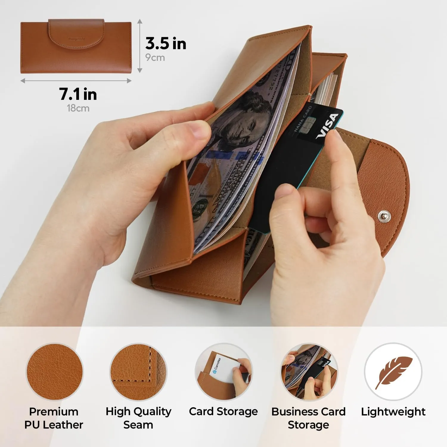 carrotez All-in-One Long Bifold 2-Tier PU Leather Wallet for Women, Money Organizer for Travel, Budgeting, Cash Envelope Wallet for Carrying Cash, Credit Cards & Business Cards - Brown