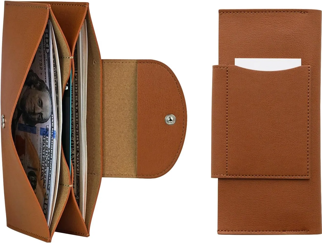 carrotez All-in-One Long Bifold 2-Tier PU Leather Wallet for Women, Money Organizer for Travel, Budgeting, Cash Envelope Wallet for Carrying Cash, Credit Cards & Business Cards - Brown