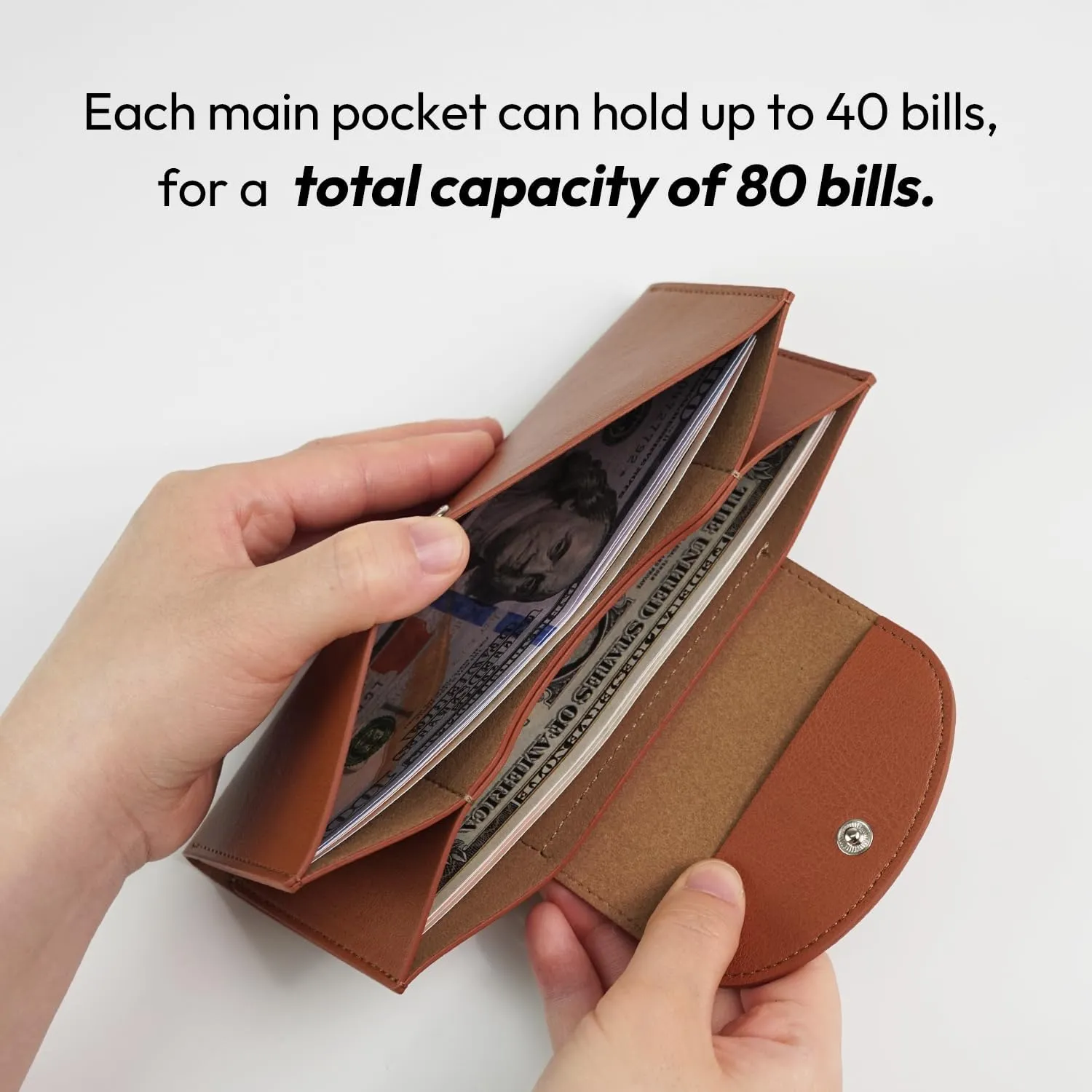 carrotez All-in-One Long Bifold 2-Tier PU Leather Wallet for Women, Money Organizer for Travel, Budgeting, Cash Envelope Wallet for Carrying Cash, Credit Cards & Business Cards - Brown
