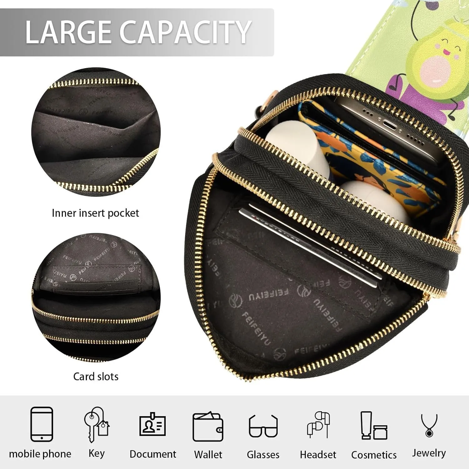 Cartoon Happy Avocado Waist Packs Fashion Sling Bags Leather Crossbody Bag with Strap for Womem Men