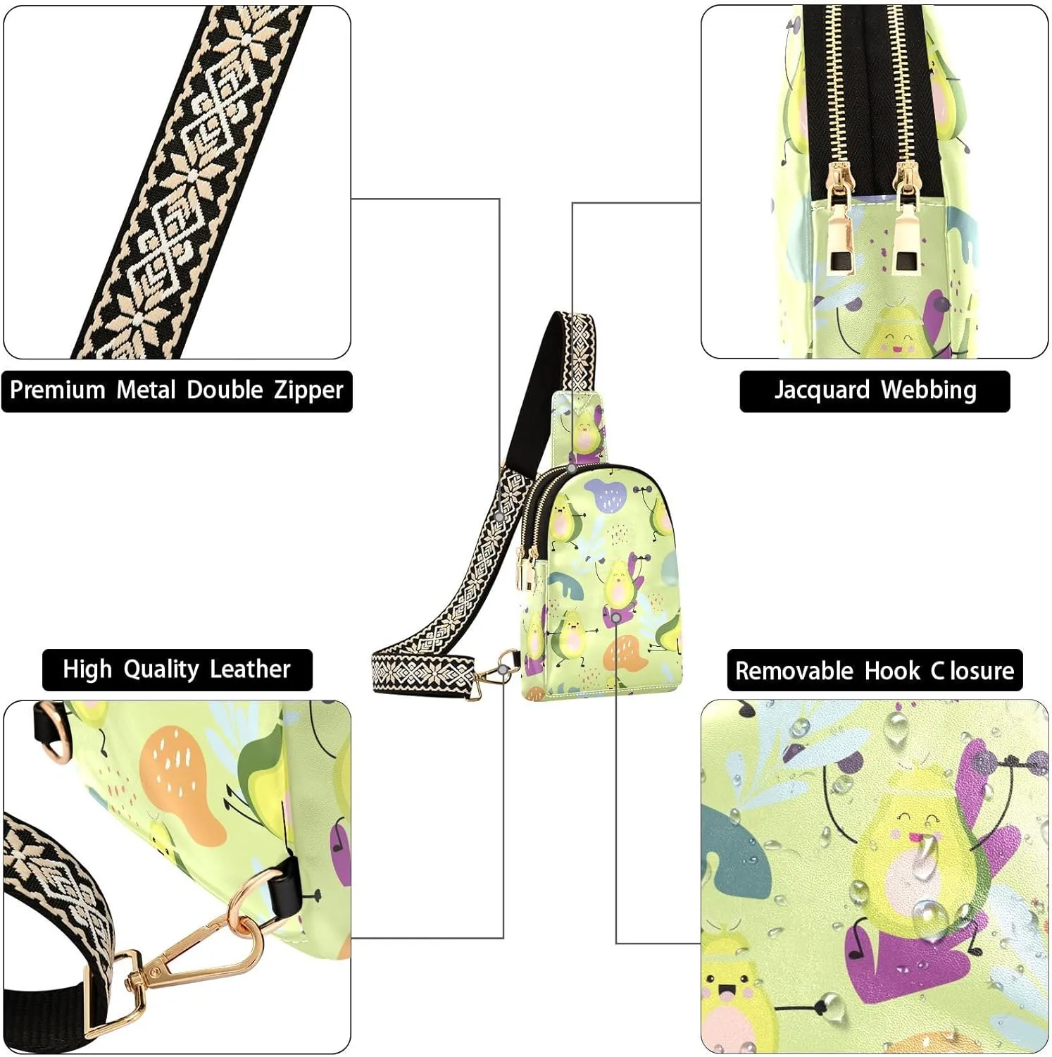 Cartoon Happy Avocado Waist Packs Fashion Sling Bags Leather Crossbody Bag with Strap for Womem Men