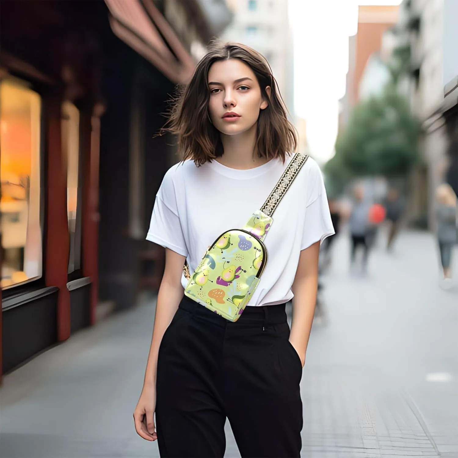 Cartoon Happy Avocado Waist Packs Fashion Sling Bags Leather Crossbody Bag with Strap for Womem Men