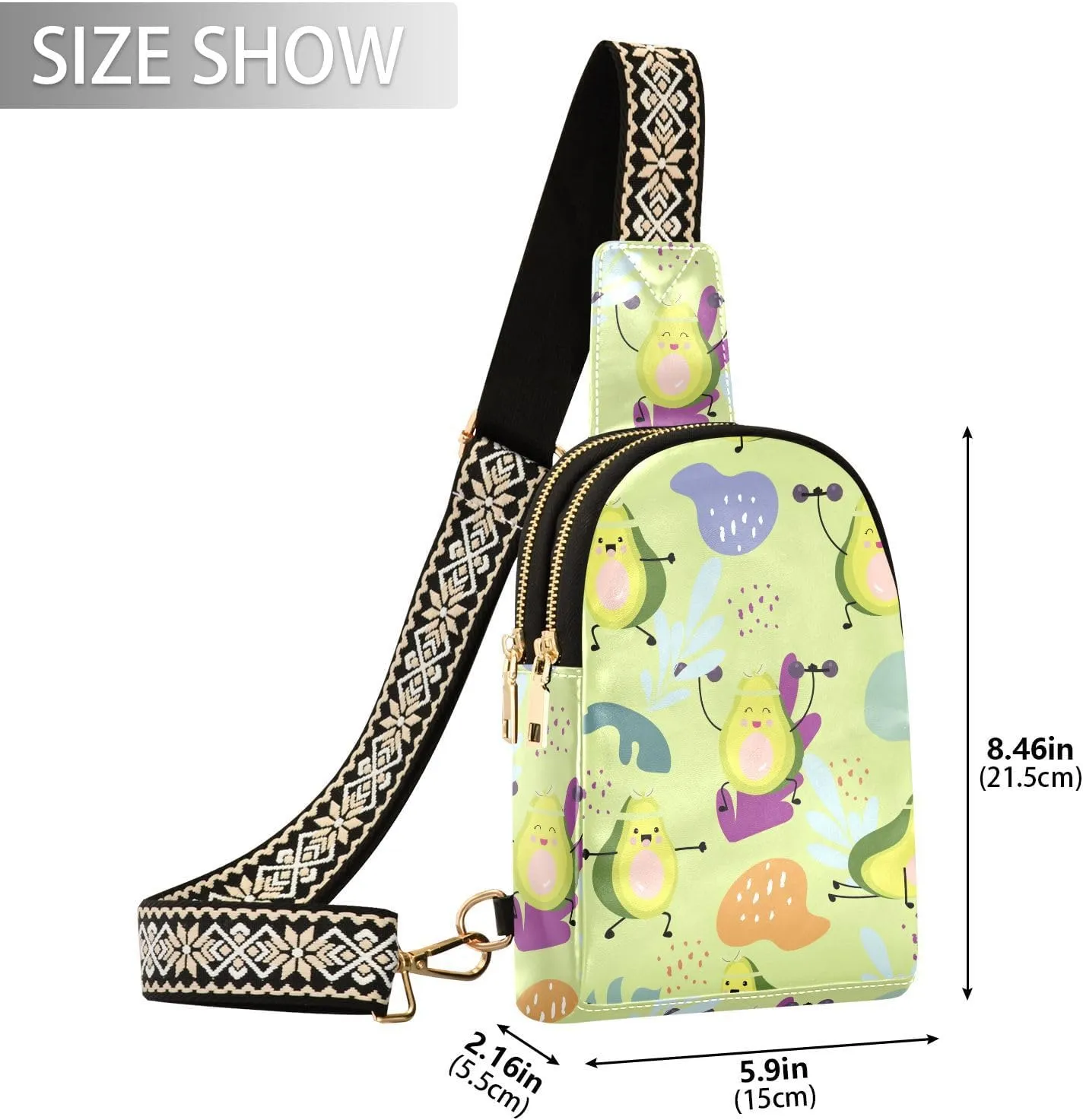 Cartoon Happy Avocado Waist Packs Fashion Sling Bags Leather Crossbody Bag with Strap for Womem Men