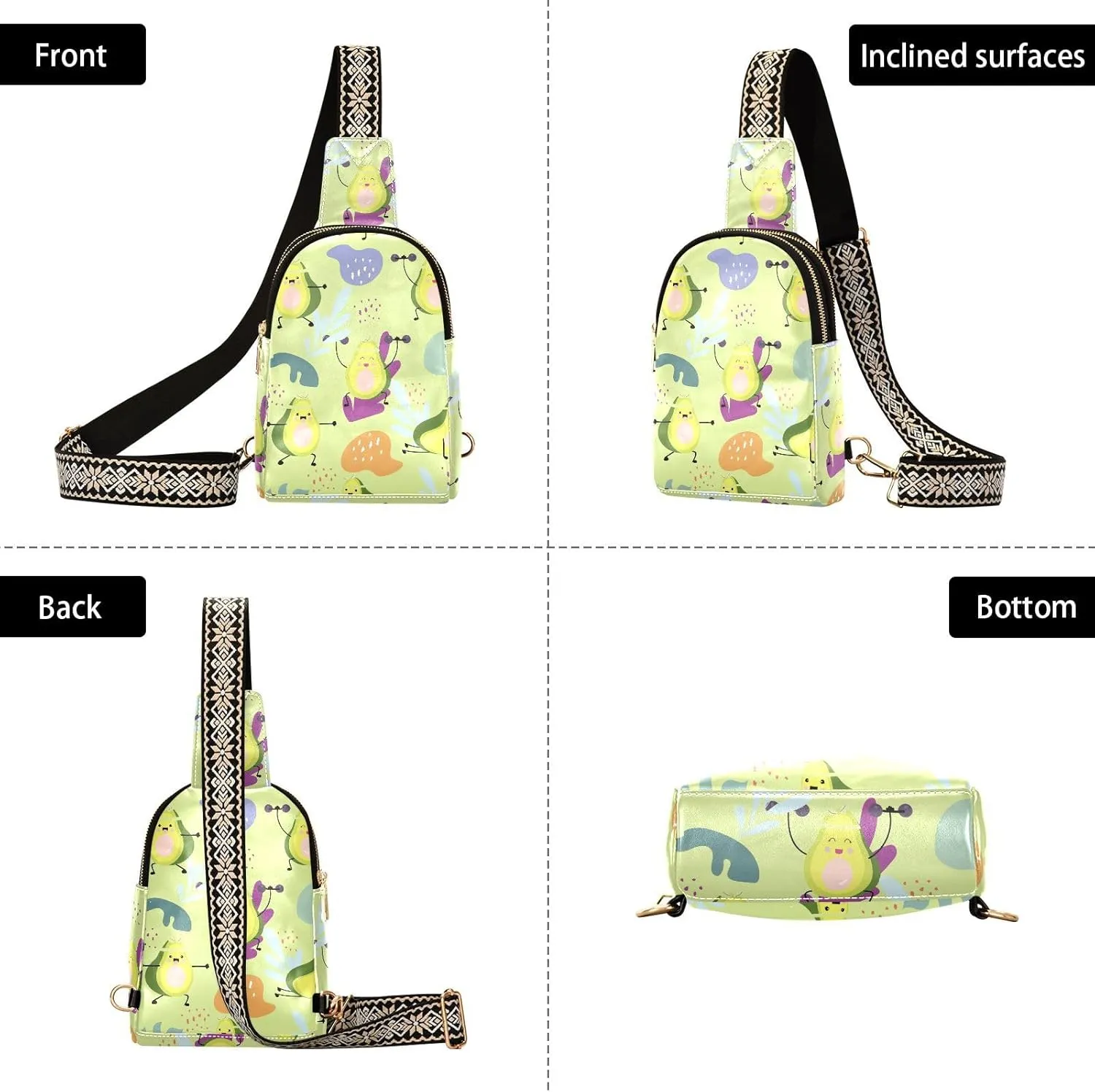 Cartoon Happy Avocado Waist Packs Fashion Sling Bags Leather Crossbody Bag with Strap for Womem Men