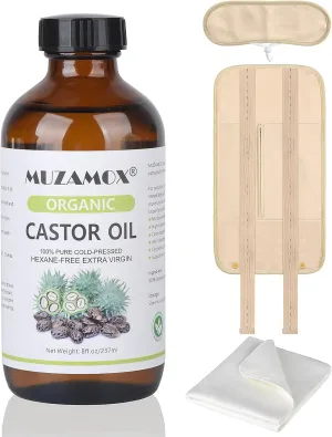 Castor Oil Organic Cold Pressed Unrefined Glass Bottle (8fl.oz/237ml), Castor Oil Pack Wrap Organic Cotton and Castor Oil Packs for Liver Detox