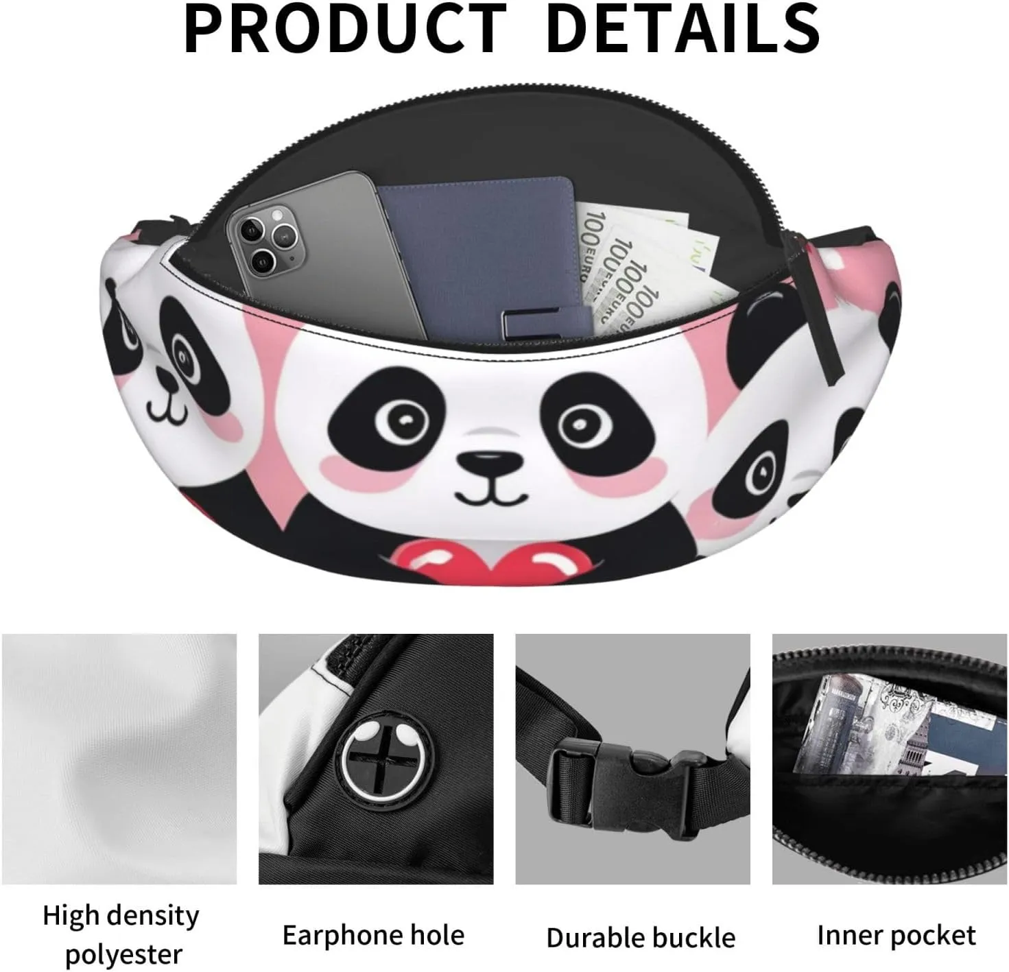 Casual Cute Panda Hearts Printed Fanny Pack,Crossbody Fanny packs for women Men Waist Bag for Running Travel