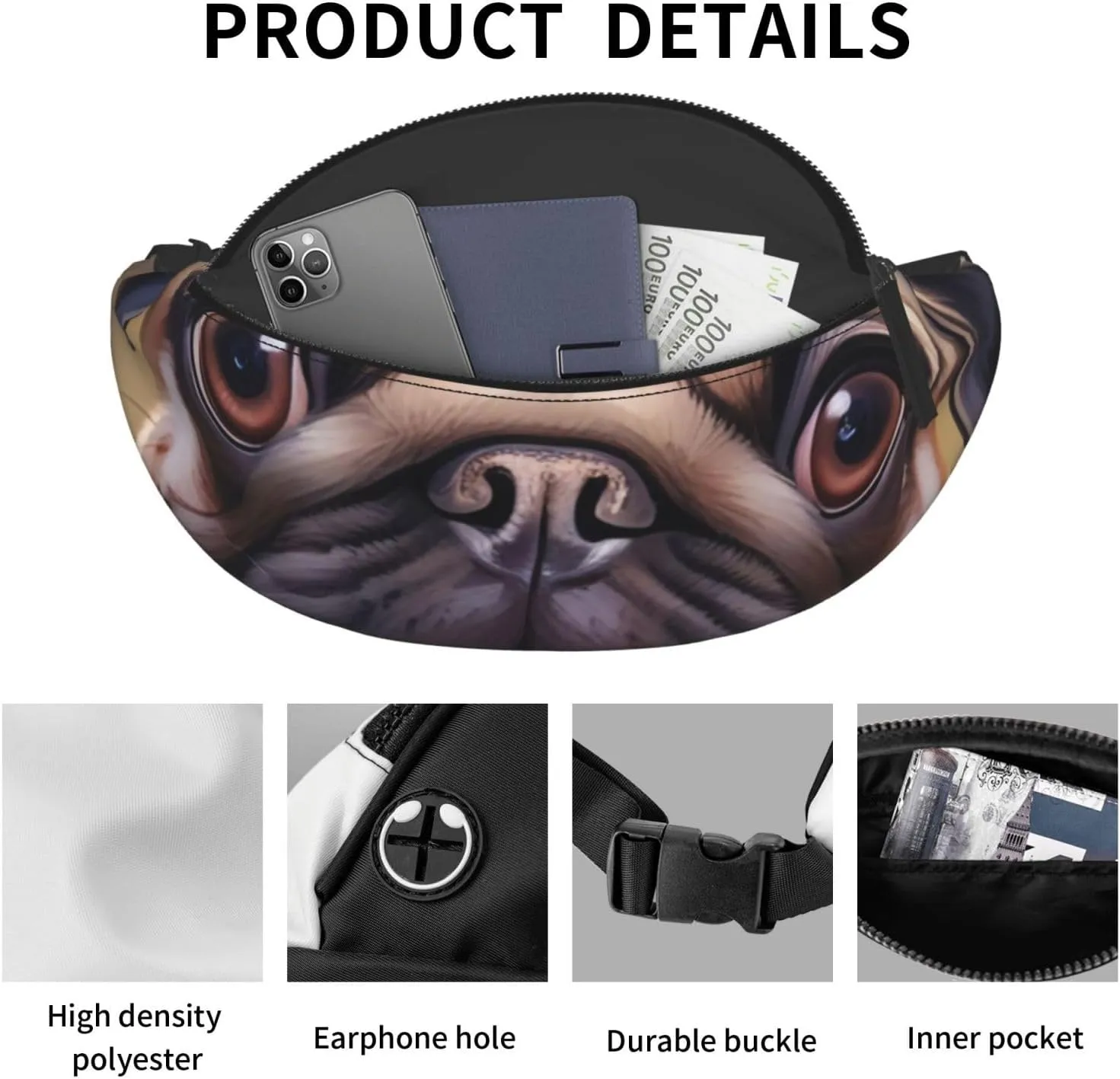 Casual Cute Pet Pug Printed Fanny Pack,Crossbody Fanny packs for women Men Waist Bag for Running Travel