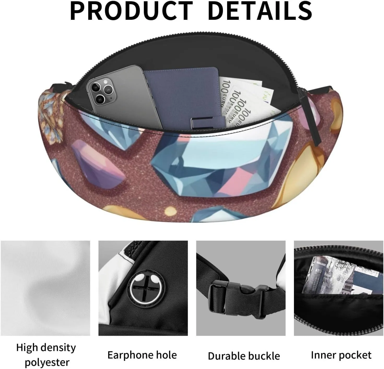 Casual Glitter Abstract Diamond Crystal Pattern Printed Fanny Pack,Crossbody Fanny packs for women Men Waist Bag for Running Travel