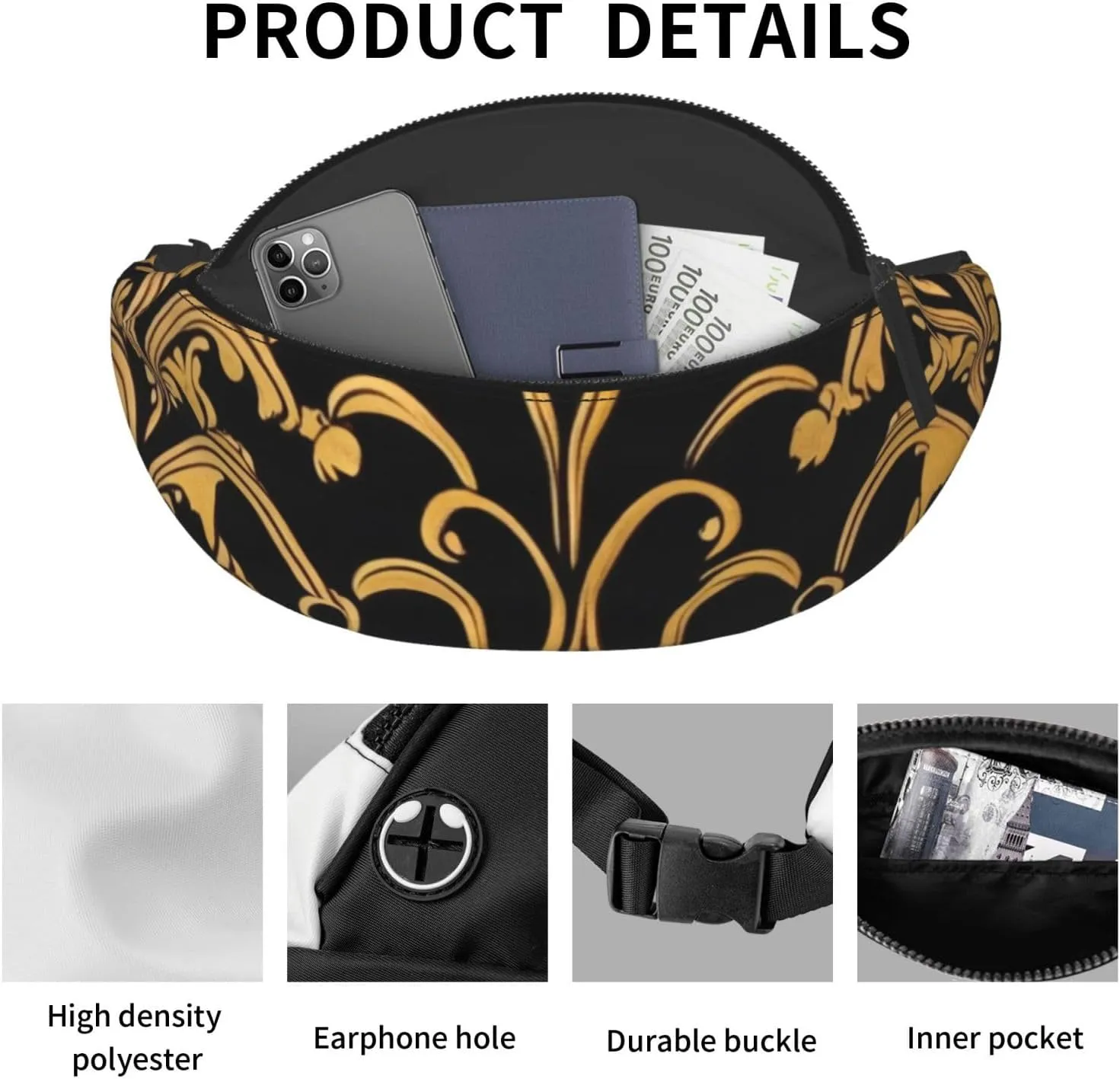 Casual Gold Black Wallpaper Printed Fanny Pack,Crossbody Fanny packs for women Men Waist Bag for Running Travel