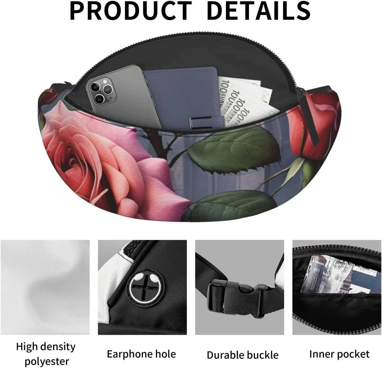 Casual gothic Rose Printed Fanny Pack,Crossbody Fanny packs for women Men Waist Bag for Running Travel