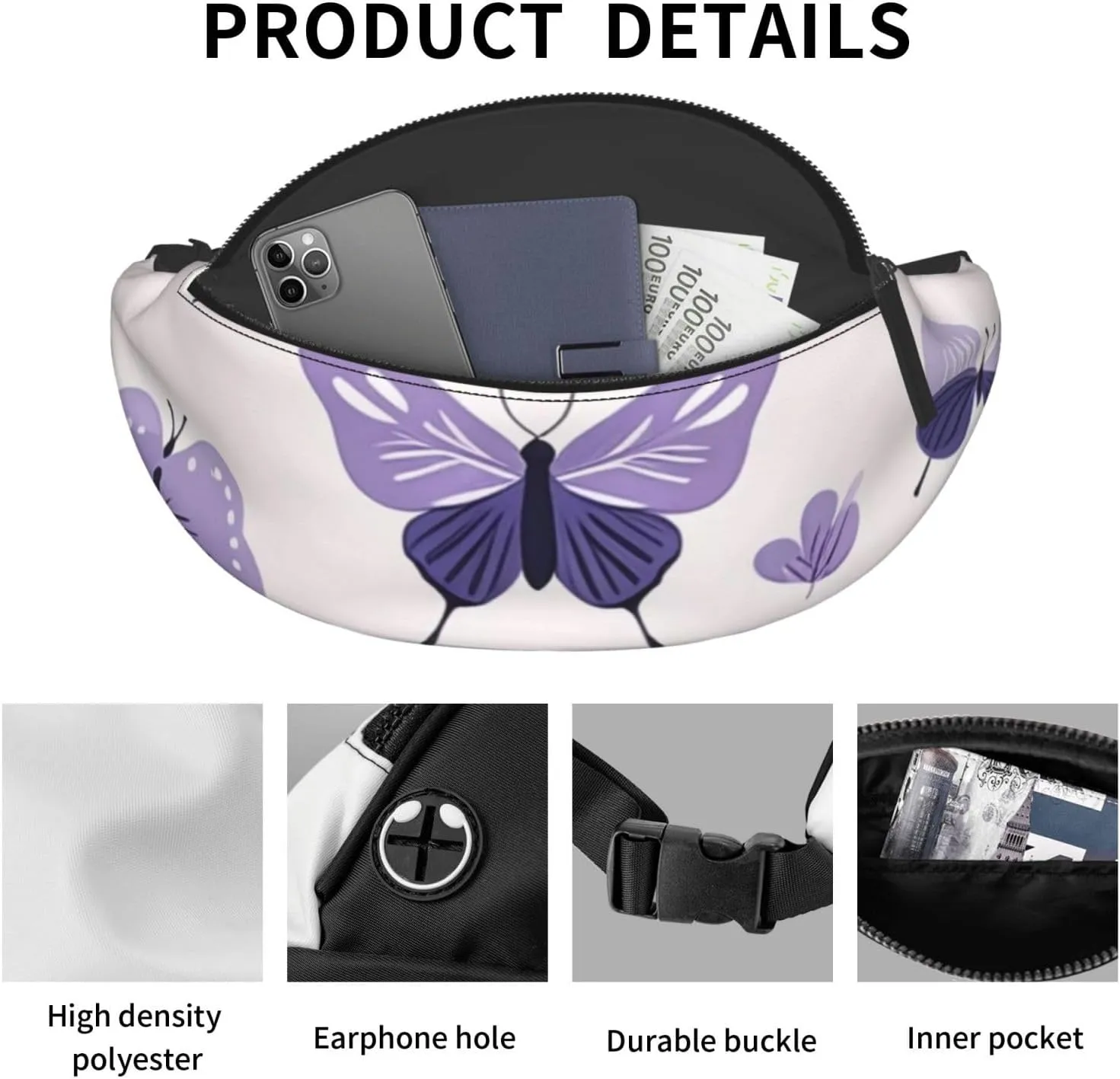 Casual purple cute butterfly print Printed Fanny Pack,Crossbody Fanny packs for women Men Waist Bag for Running Travel