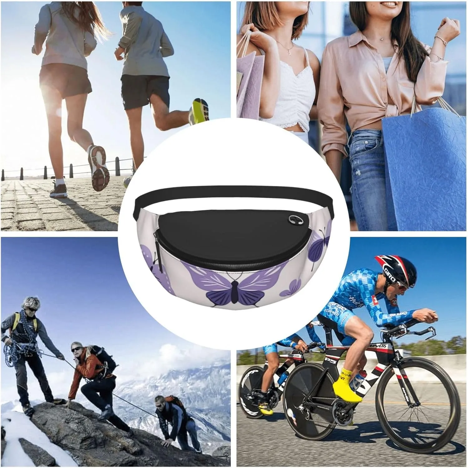 Casual purple cute butterfly print Printed Fanny Pack,Crossbody Fanny packs for women Men Waist Bag for Running Travel