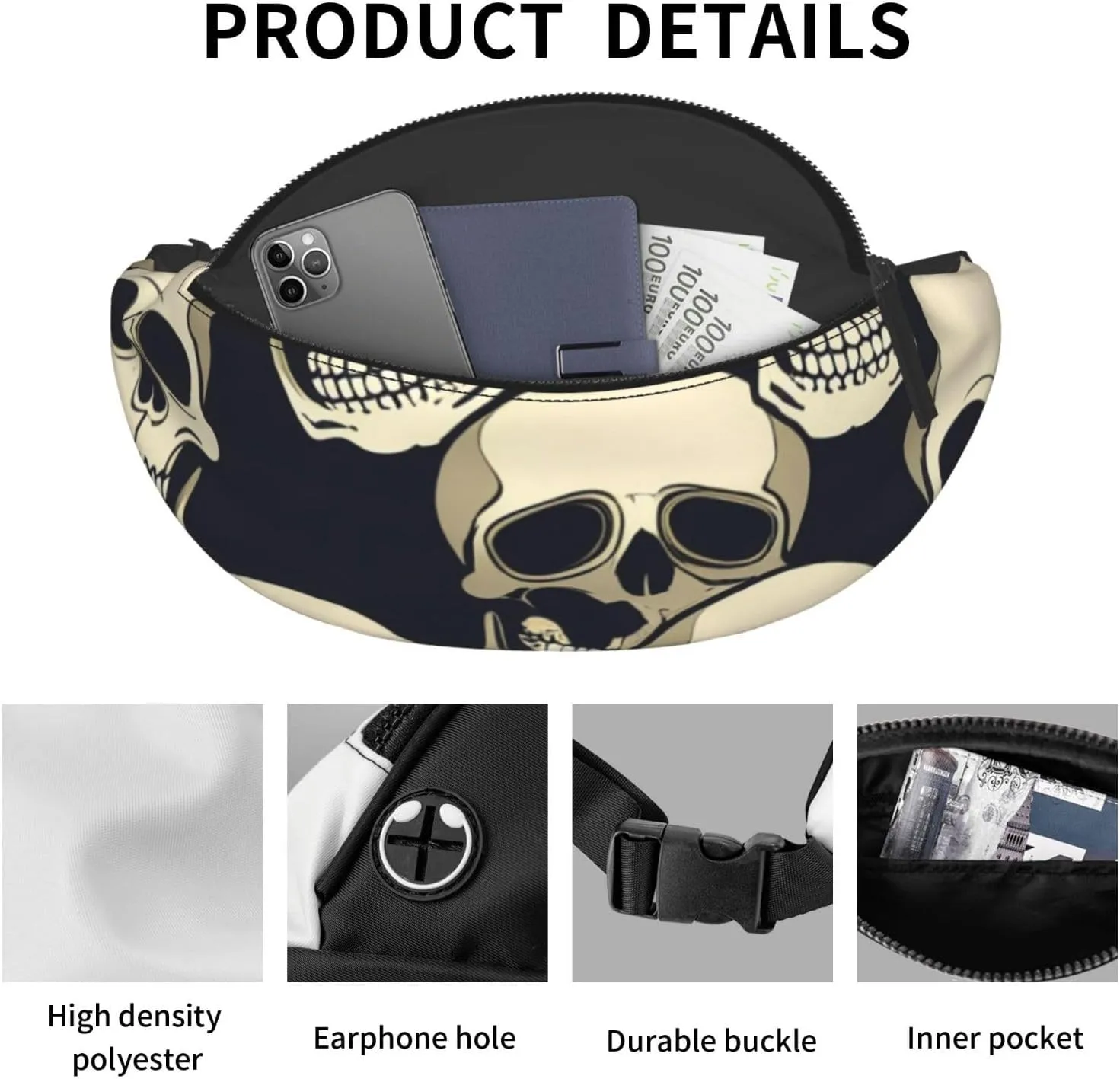 Casual Skull Skeleton Printed Fanny Pack,Crossbody Fanny packs for women Men Waist Bag for Running Travel