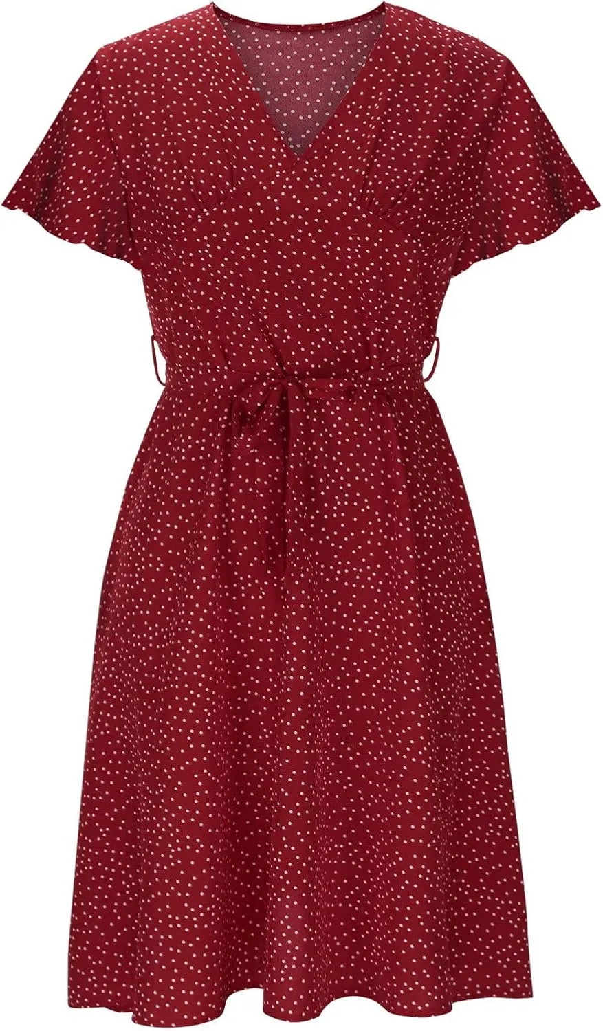 Casual Summer Dresses for Women Polka Dot Print V Neck Short Sleeve Ruffle Flowy Boho Floral Dress Midi Length