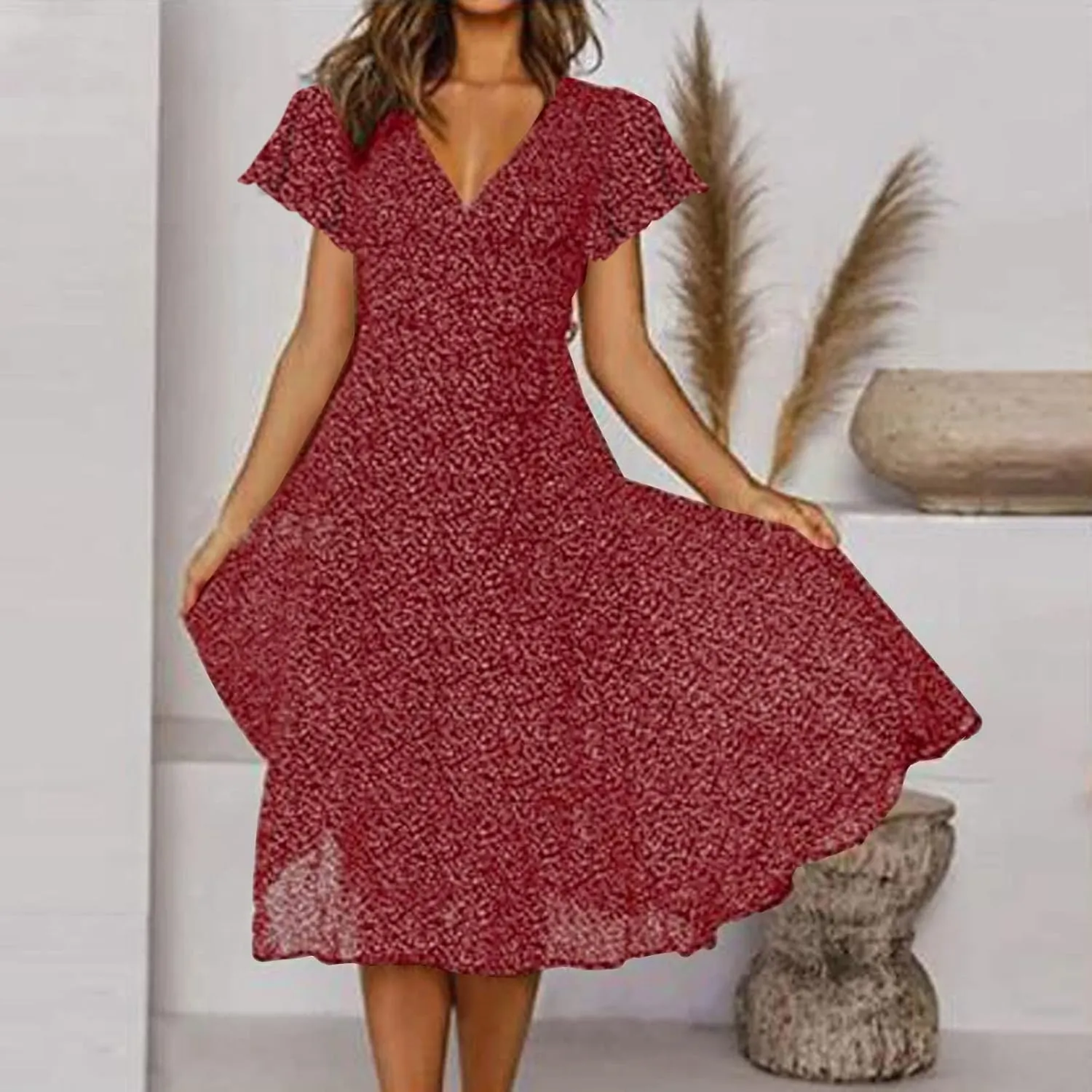 Casual Summer Dresses for Women Polka Dot Print V Neck Short Sleeve Ruffle Flowy Boho Floral Dress Midi Length