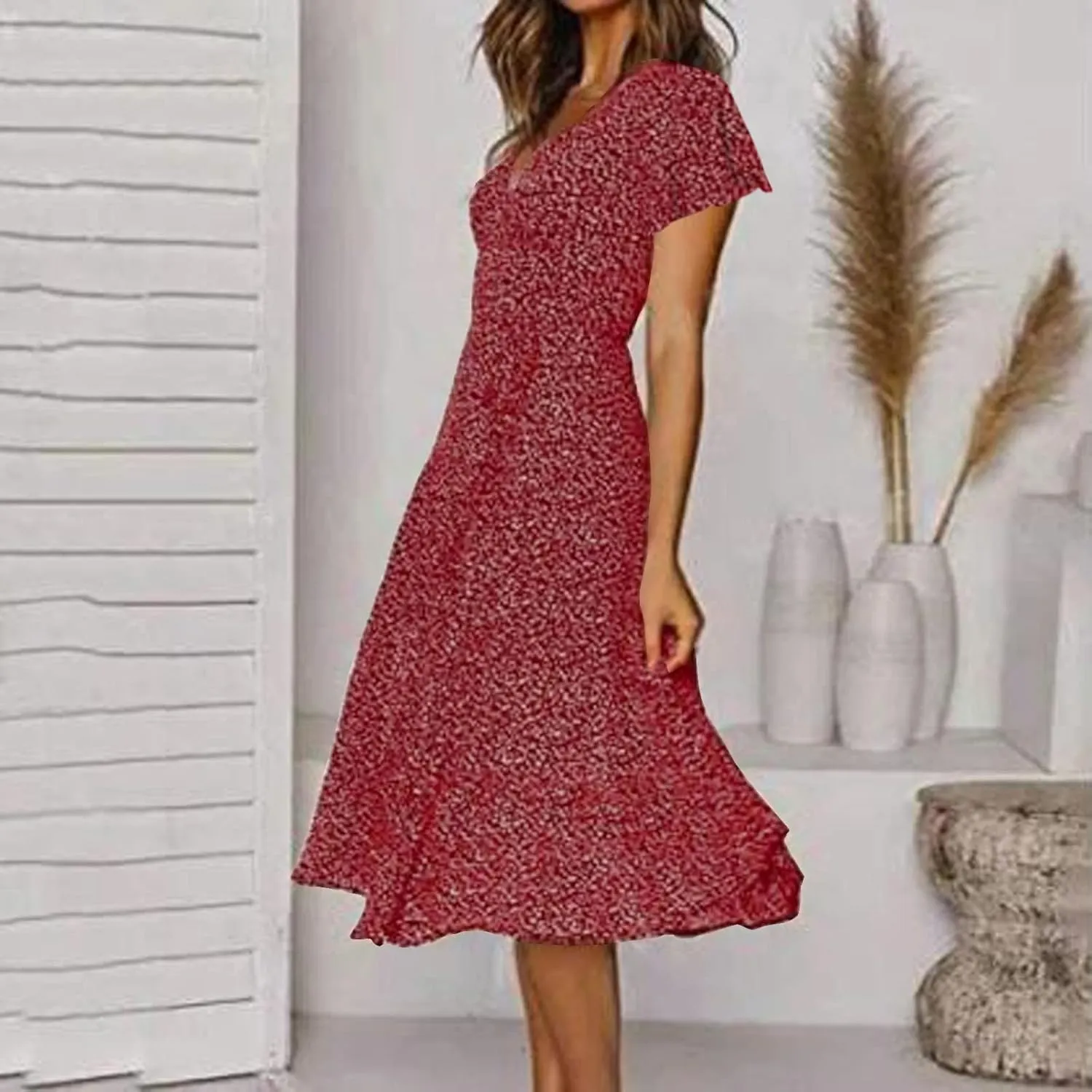 Casual Summer Dresses for Women Polka Dot Print V Neck Short Sleeve Ruffle Flowy Boho Floral Dress Midi Length