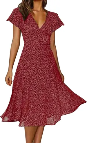 Casual Summer Dresses for Women Polka Dot Print V Neck Short Sleeve Ruffle Flowy Boho Floral Dress Midi Length