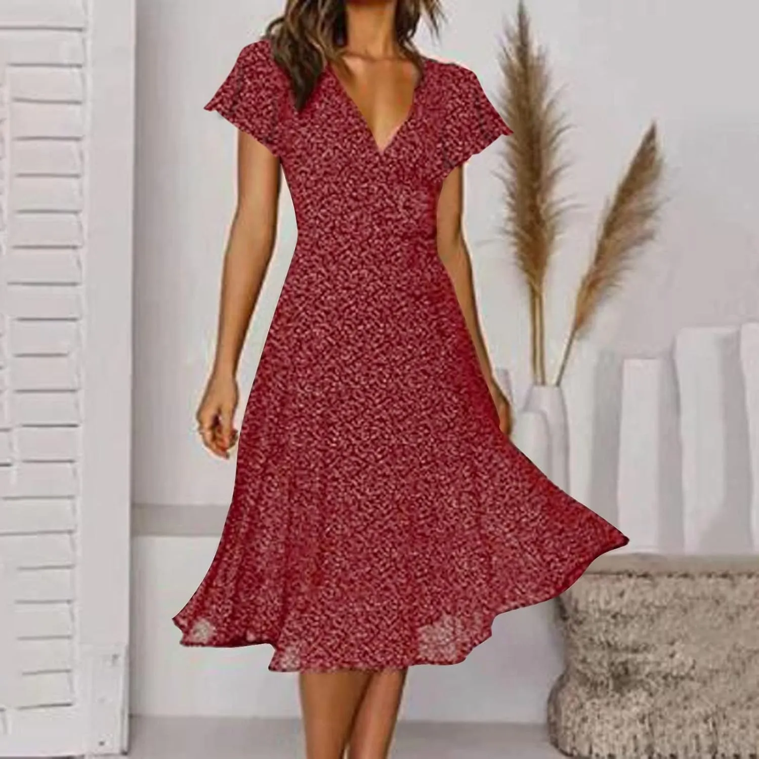 Casual Summer Dresses for Women Polka Dot Print V Neck Short Sleeve Ruffle Flowy Boho Floral Dress Midi Length