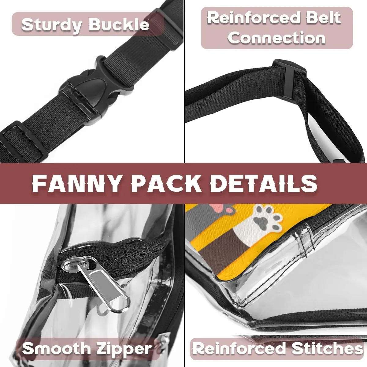 Cats Foots Clear Fanny Pack Stadium Approved Clear Crossbody Belt Bag for Women Men Transparent Waist Bag with Adjustable Strap for Concerts Sports Events Travel