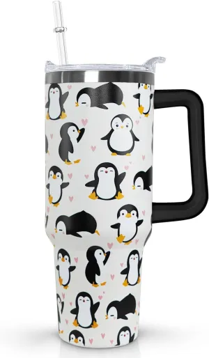Ceovfoi 40 Oz Penguin Tumbler With Handle, Coffee Travel Mug Cup Water Bottle, Penguin Decor and Gifts for Women