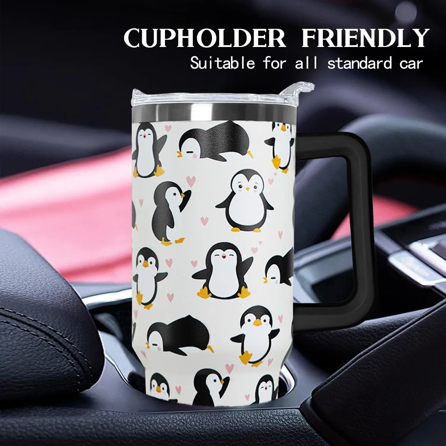Ceovfoi 40 Oz Penguin Tumbler With Handle, Coffee Travel Mug Cup Water Bottle, Penguin Decor and Gifts for Women